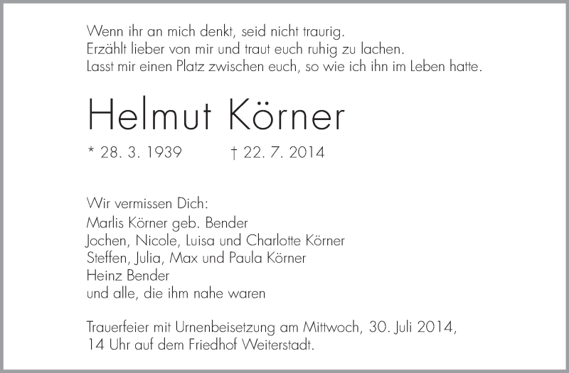  Traueranzeige für Helmut Körner vom 26.07.2014 aus Echo-Zeitungen (Gesamtausgabe)