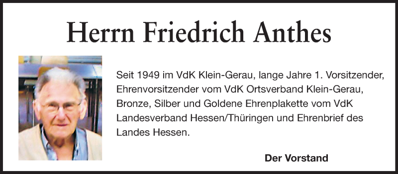  Traueranzeige für Friedrich Anthes vom 26.07.2014 aus Rüsselsheimer Echo, Groß-Gerauer-Echo, Ried Echo