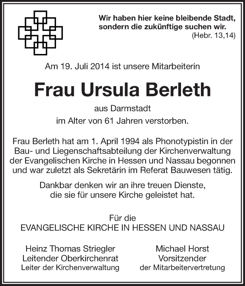 Traueranzeige für Ursula Berleth vom 30.07.2014 aus Echo-Zeitungen (Gesamtausgabe)