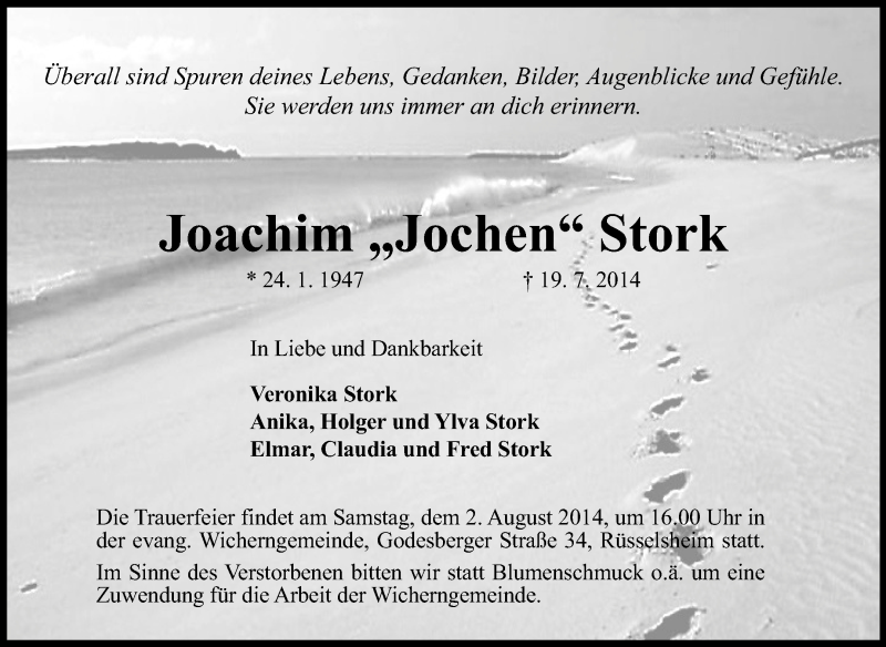  Traueranzeige für Joachim Stork vom 26.07.2014 aus Rüsselsheimer Echo, Groß-Gerauer-Echo, Ried Echo