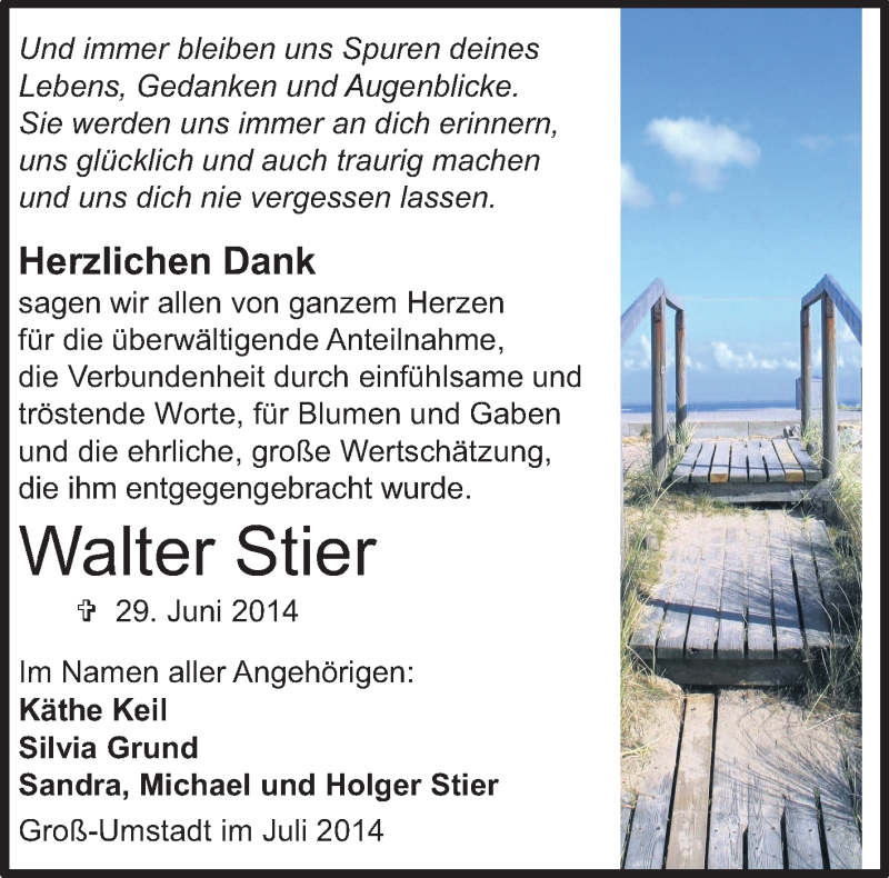  Traueranzeige für Walter Stier vom 26.07.2014 aus Echo-Zeitungen (Gesamtausgabe)