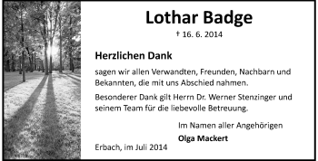 Traueranzeige von Lothar Badge von Odenwälder Echo