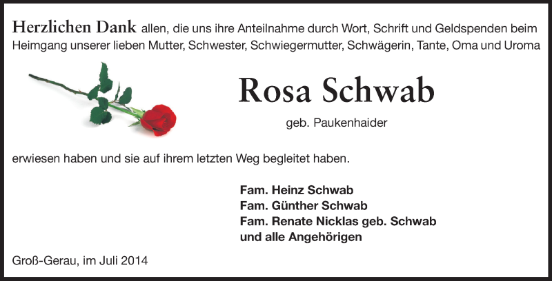  Traueranzeige für Rosa Schwab vom 26.07.2014 aus Rüsselsheimer Echo, Groß-Gerauer-Echo, Ried Echo
