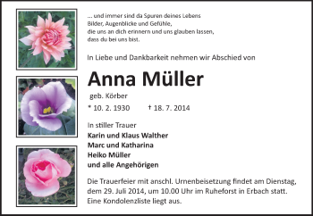 Traueranzeige von Anna Müller von Odenwälder Echo