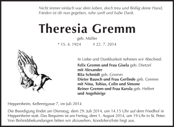Traueranzeige von Theresia Gremm von Starkenburger Echo