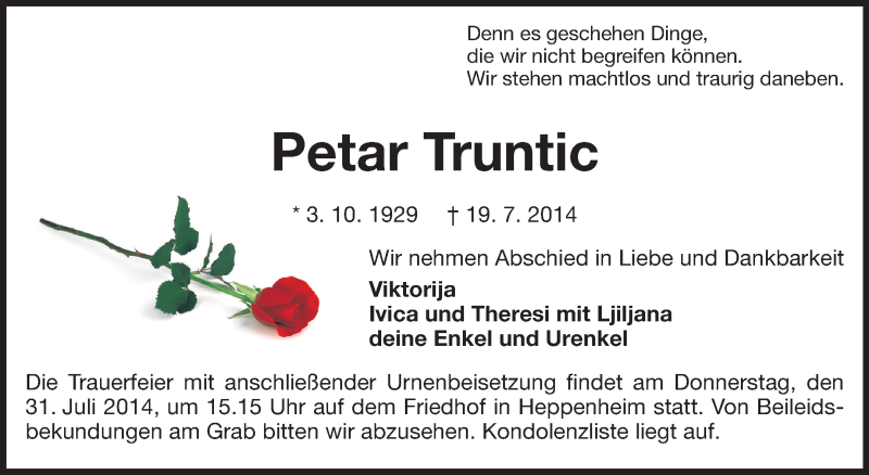  Traueranzeige für Petar Truntic vom 26.07.2014 aus Starkenburger Echo