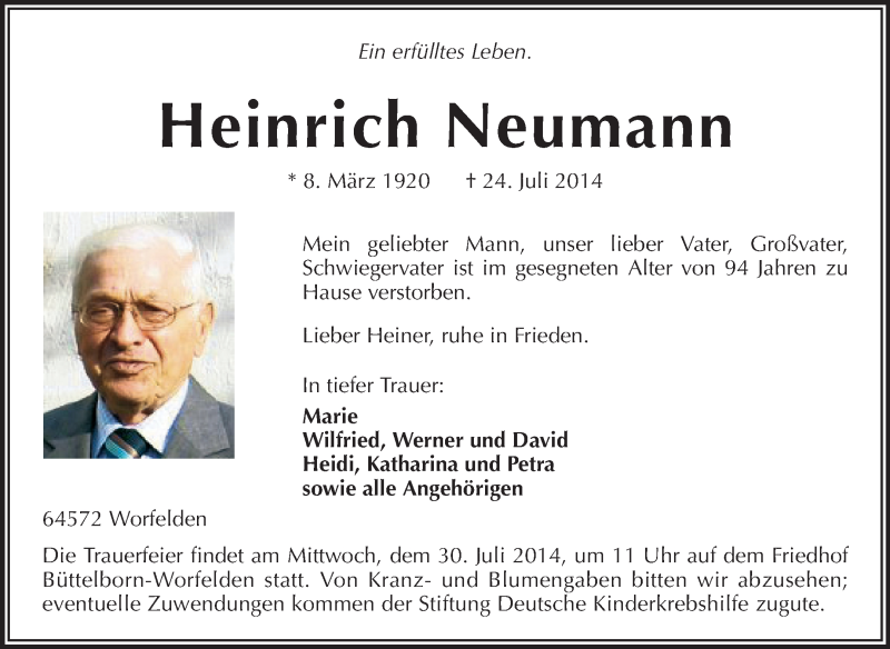  Traueranzeige für Heinrich Neumann vom 28.07.2014 aus Echo-Zeitungen (Gesamtausgabe)