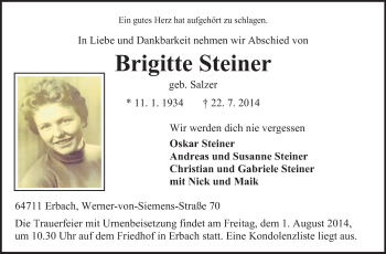 Traueranzeige von Brigitte Steiner von Odenwälder Echo
