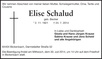 Traueranzeige von Elise Schalud von Echo-Zeitungen (Gesamtausgabe)