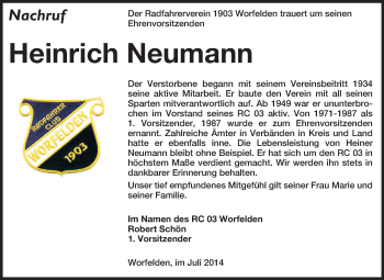 Traueranzeige von Heinrich Neumann von Rüsselsheimer Echo, Groß-Gerauer-Echo, Ried Echo