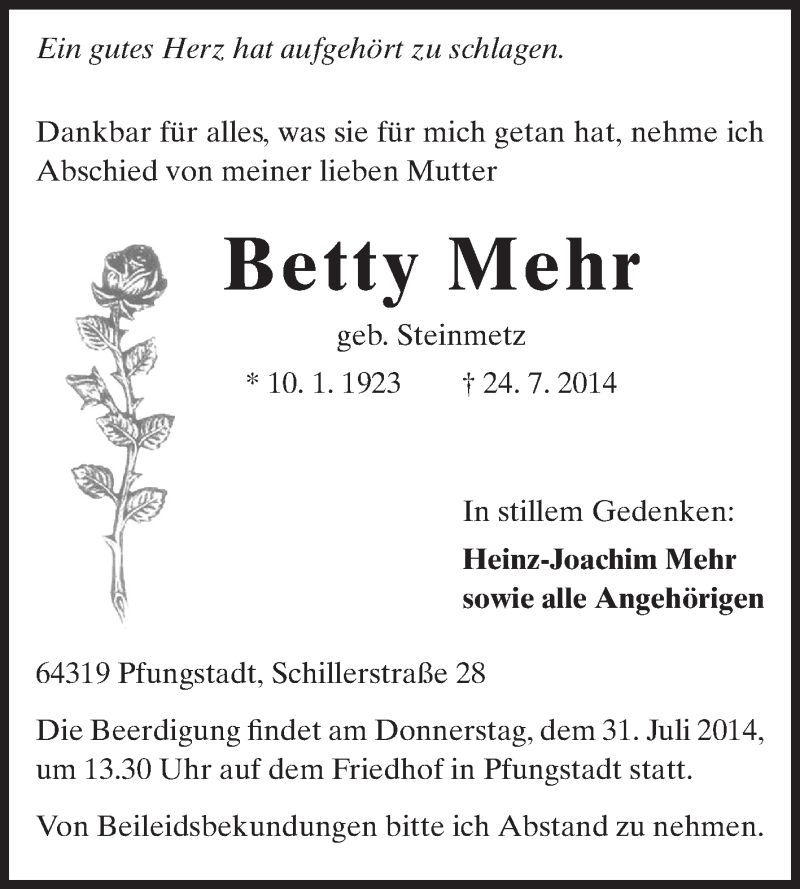  Traueranzeige für Betty Mehr vom 29.07.2014 aus Echo-Zeitungen (Gesamtausgabe)