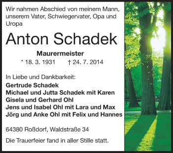 Traueranzeige von Anton Schadek von Echo-Zeitungen (Gesamtausgabe)