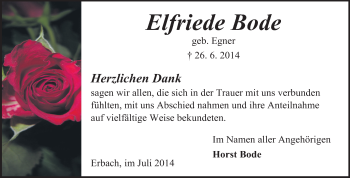 Traueranzeige von Elfriede Bode von Odenwälder Echo