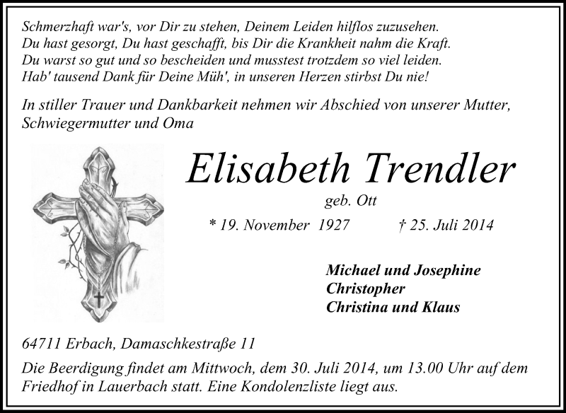  Traueranzeige für Elisabeth Trendler vom 29.07.2014 aus Odenwälder Echo