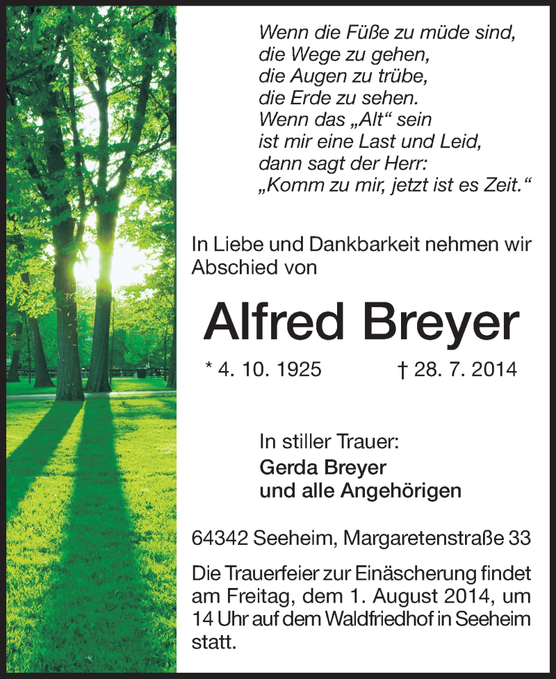  Traueranzeige für Alfred Breyer vom 29.07.2014 aus Echo-Zeitungen (Gesamtausgabe)