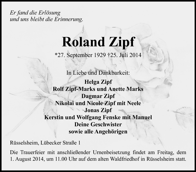  Traueranzeige für Roland Zipf vom 29.07.2014 aus Rüsselsheimer Echo, Groß-Gerauer-Echo, Ried Echo