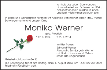 Traueranzeige von Monika Werner von Echo-Zeitungen (Gesamtausgabe)