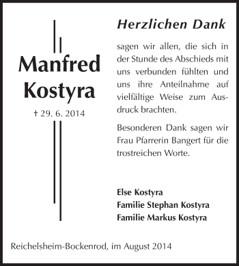 Traueranzeige von Manfred Kostyra von Odenwälder Echo