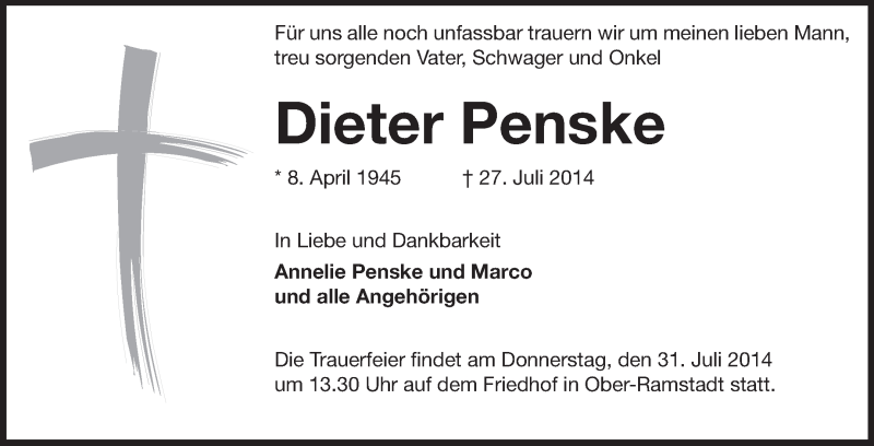  Traueranzeige für Dieter Penske vom 29.07.2014 aus Echo-Zeitungen (Gesamtausgabe)