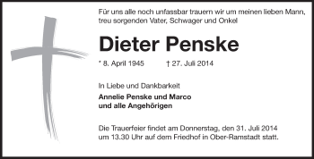 Traueranzeige von Dieter Penske von Echo-Zeitungen (Gesamtausgabe)