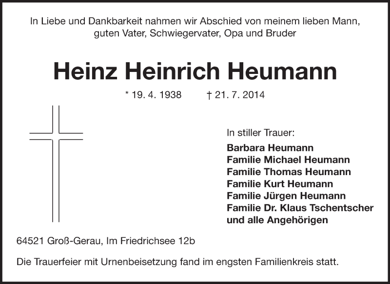  Traueranzeige für Heinz Heinrich Heumann vom 22.08.2014 aus Rüsselsheimer Echo, Groß-Gerauer-Echo, Ried Echo