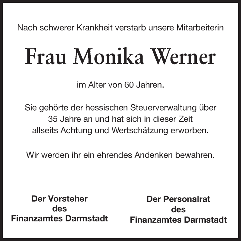  Traueranzeige für Monika Werner vom 30.07.2014 aus Echo-Zeitungen (Gesamtausgabe)