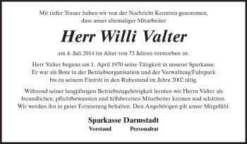 Traueranzeige von Willi Valter von Echo-Zeitungen (Gesamtausgabe)