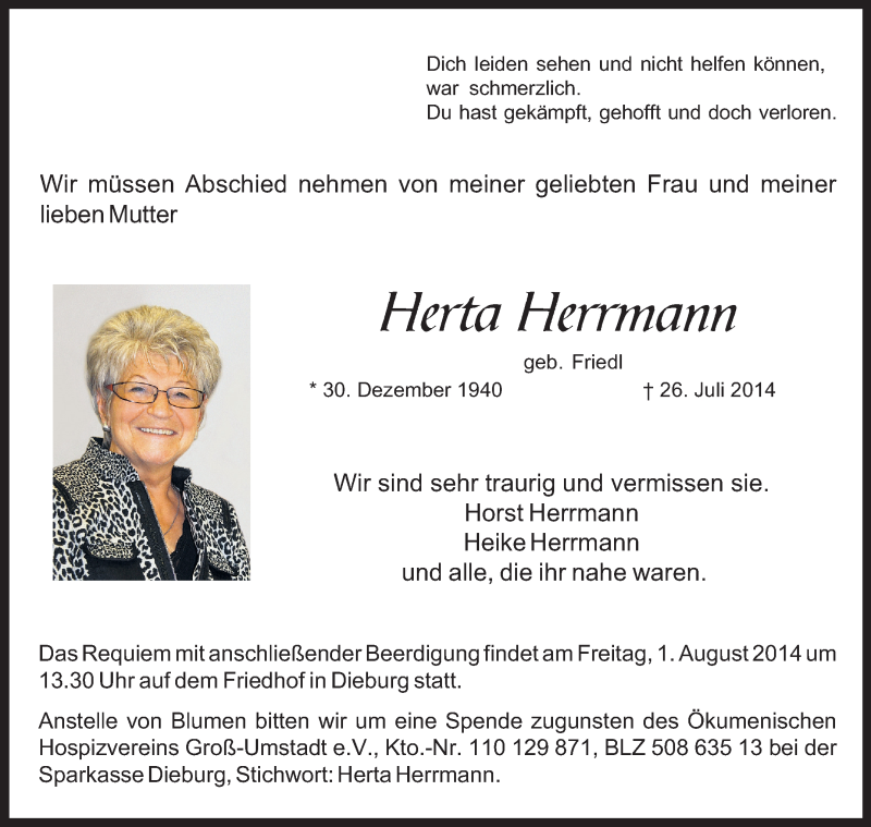  Traueranzeige für Herta Herrmann vom 30.07.2014 aus Echo-Zeitungen (Gesamtausgabe)
