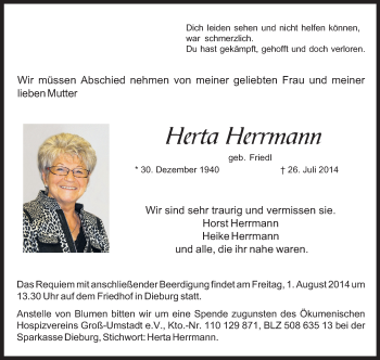 Traueranzeige von Herta Herrmann von Echo-Zeitungen (Gesamtausgabe)