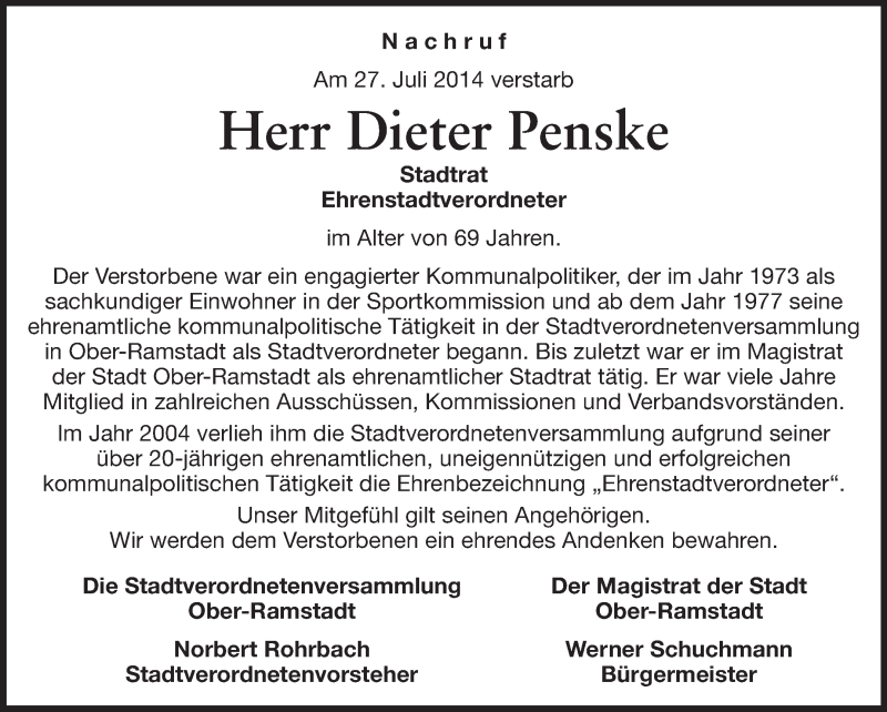  Traueranzeige für Dieter Penske vom 02.08.2014 aus Echo-Zeitungen (Gesamtausgabe)