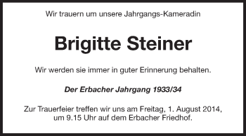 Traueranzeige von Brigitte Steiner von Odenwälder Echo