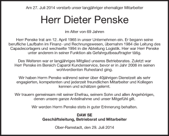 Traueranzeige von Dieter Penske von Echo-Zeitungen (Gesamtausgabe)