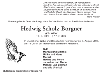 Traueranzeige von Hedwig Scholz-Borgner von Rüsselsheimer Echo, Groß-Gerauer-Echo, Ried Echo