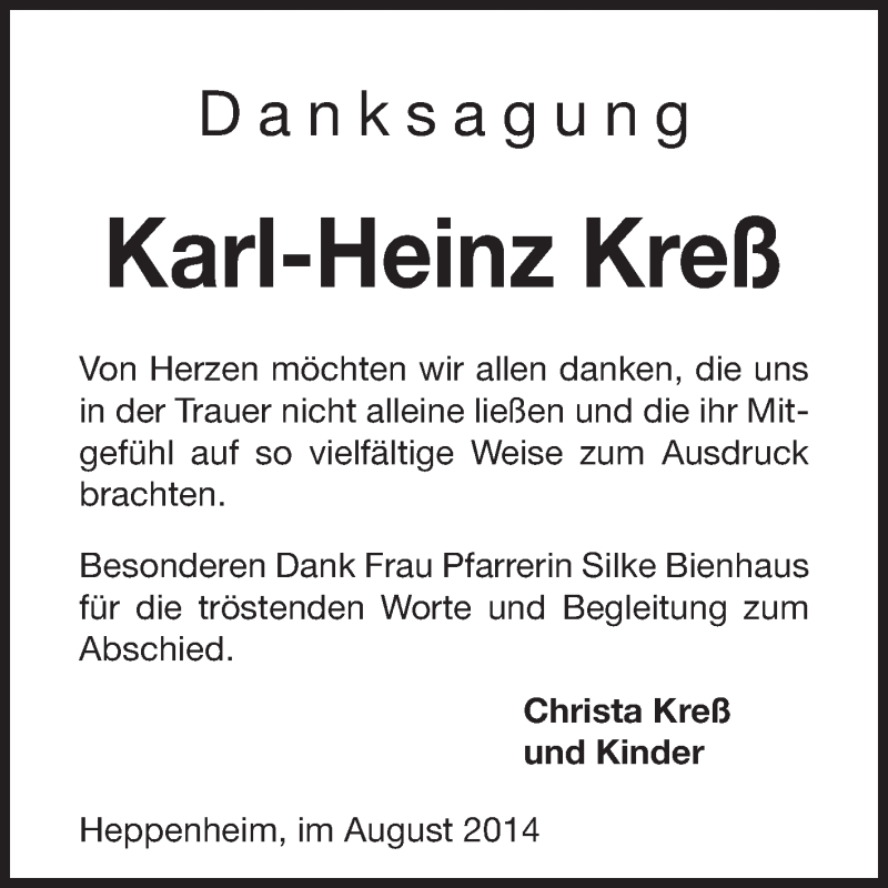 Traueranzeige für Karl-Heinz Kreß vom 05.08.2014 aus Starkenburger Echo