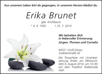 Traueranzeige von Erika Brunet von Echo-Zeitungen (Gesamtausgabe)