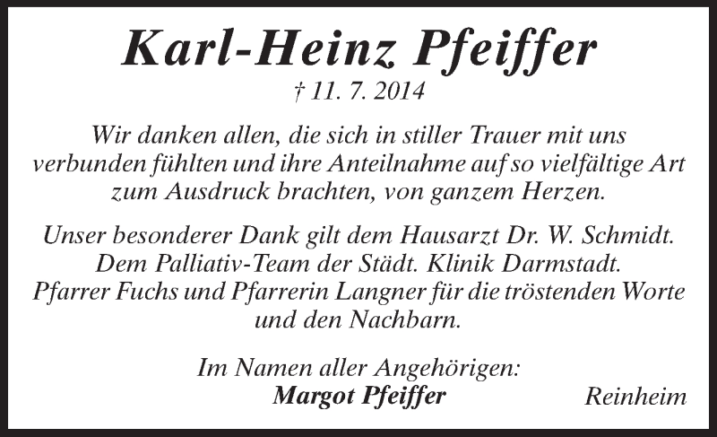  Traueranzeige für Karl-Heinz Pfeiffer vom 02.08.2014 aus Darmstädter Echo, Odenwälder Echo, Rüsselsheimer Echo, Groß-Gerauer-Echo, Ried Echo