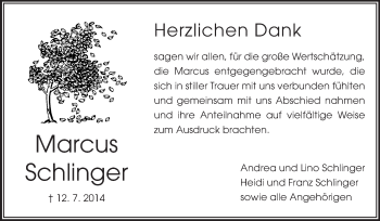 Traueranzeige von Marcus Schlinger von Darmstädter Echo, Odenwälder Echo, Rüsselsheimer Echo, Groß-Gerauer-Echo, Ried Echo