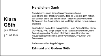 Traueranzeige von Klara Göth von Darmstädter Echo, Odenwälder Echo, Rüsselsheimer Echo, Groß-Gerauer-Echo, Ried Echo