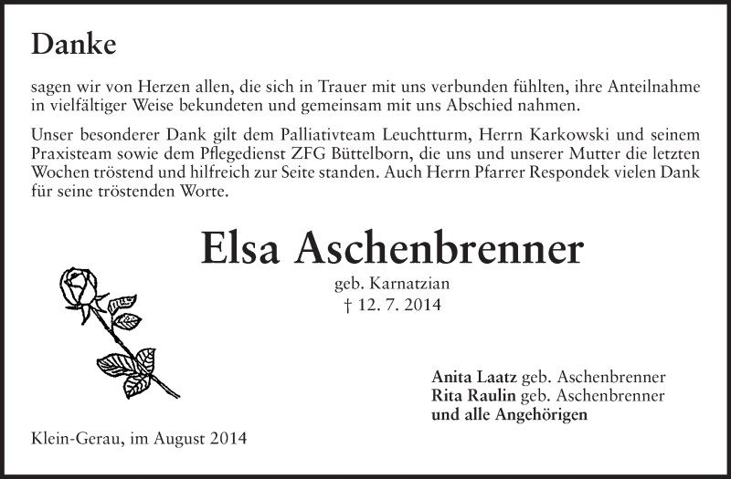  Traueranzeige für Elsa Aschenbrenner vom 02.08.2014 aus Rüsselsheimer Echo, Groß-Gerauer-Echo, Ried Echo