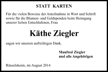 Traueranzeige von Käthe Ziegler von Rüsselsheimer Echo, Groß-Gerauer-Echo, Ried Echo