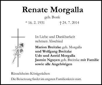 Traueranzeige von Renate Morgalla von Rüsselsheimer Echo, Groß-Gerauer-Echo, Ried Echo