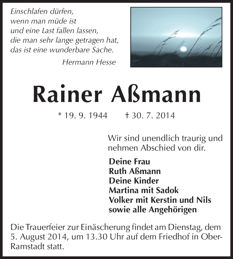 Traueranzeige für Rainer Aßmann vom 02.08.2014 aus Darmstädter Echo, Odenwälder Echo, Rüsselsheimer Echo, Groß-Gerauer-Echo, Ried Echo