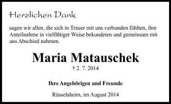 Traueranzeige von Maria Matauschek von Rüsselsheimer Echo, Groß-Gerauer-Echo, Ried Echo