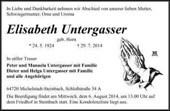 Traueranzeige von Elisabeth Untergasser von Odenwälder Echo
