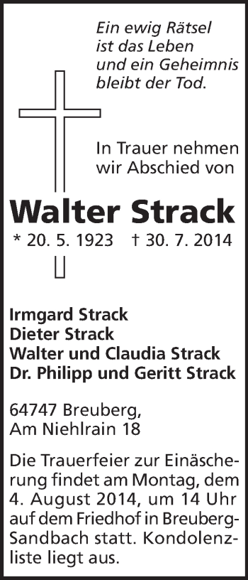 Traueranzeige von Walter Strack von Odenwälder Echo