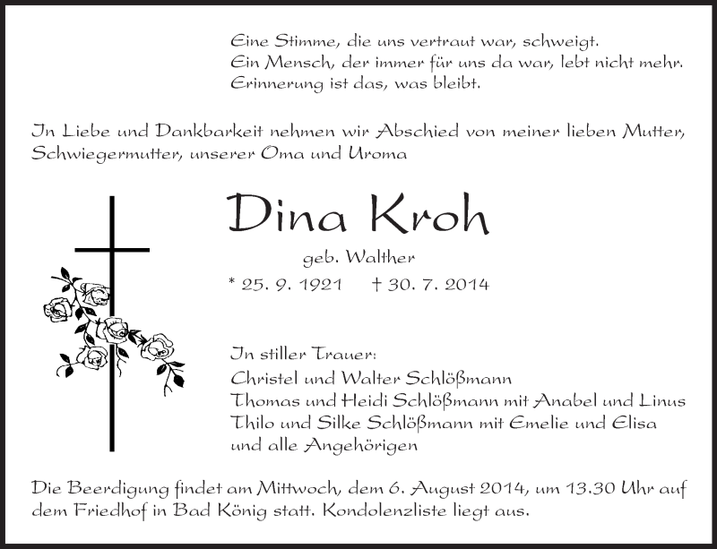  Traueranzeige für Dina Kroh vom 02.08.2014 aus Odenwälder Echo