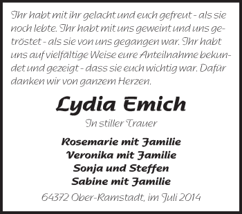 Traueranzeige von Lydia Emich von Echo-Zeitungen (Gesamtausgabe)