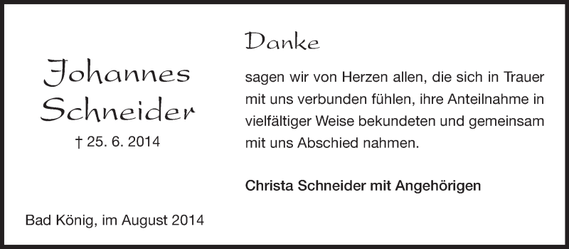  Traueranzeige für Johannes Schneider vom 02.08.2014 aus Odenwälder Echo