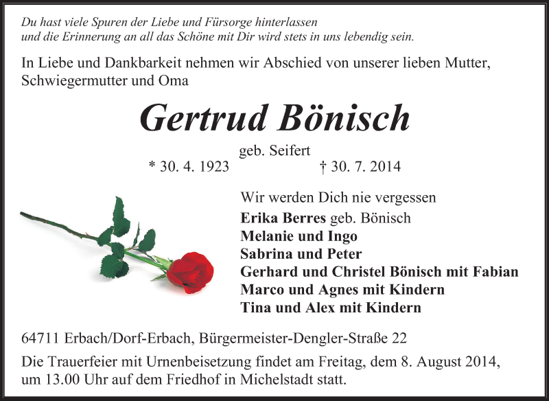  Traueranzeige für Gertrud Bönisch vom 02.08.2014 aus Odenwälder Echo