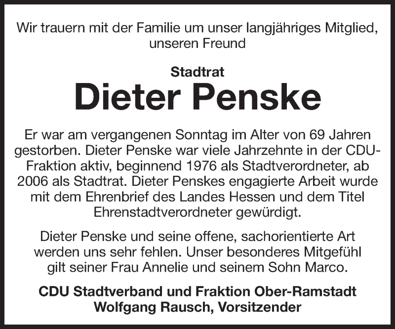  Traueranzeige für Dieter Penske vom 02.08.2014 aus Echo-Zeitungen (Gesamtausgabe)